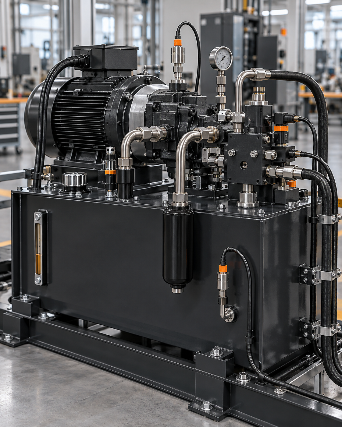 Industrial hydraulic power unit with multiple flow and pressure monitoring points