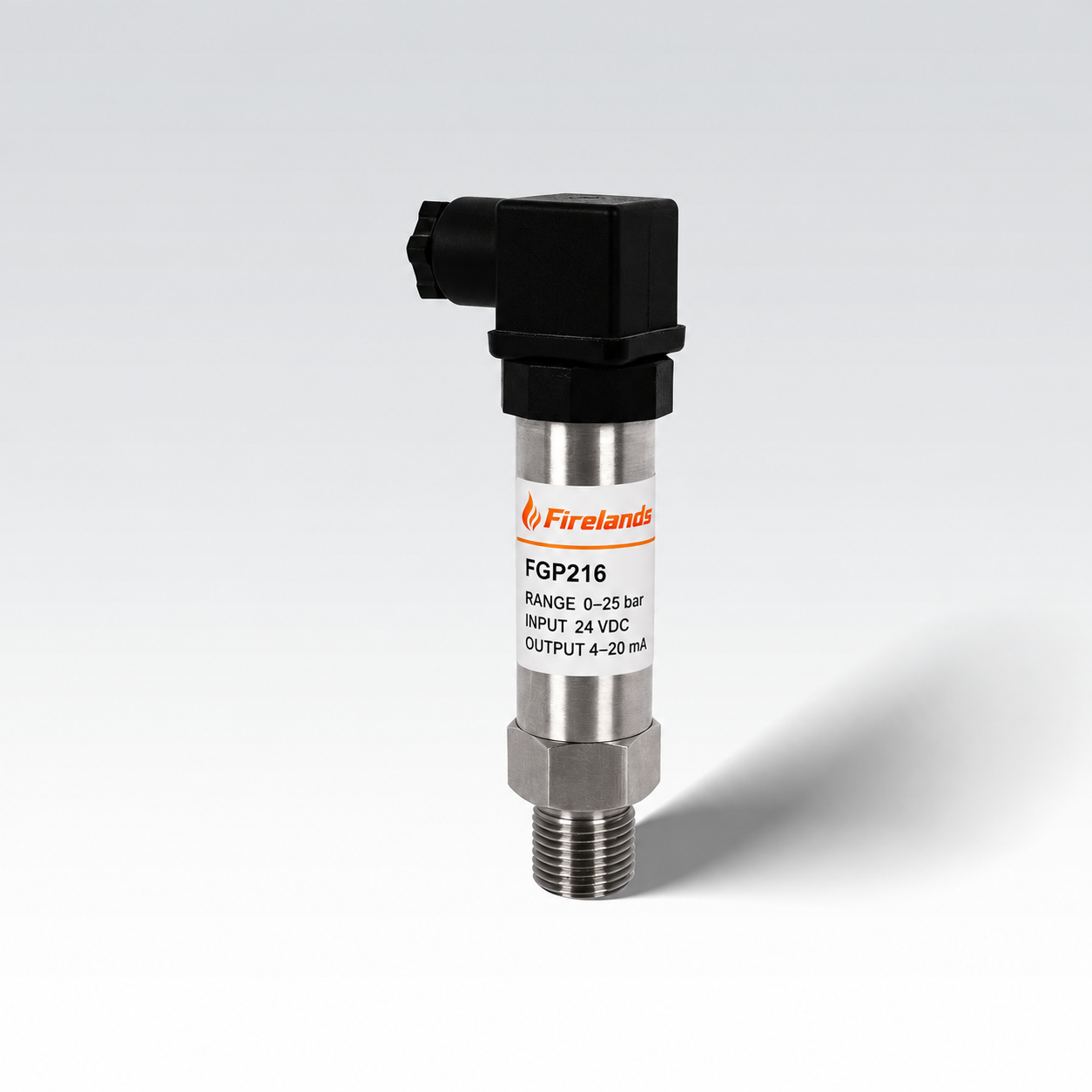 Firelands FGP216 industrial pressure transmitter with DIN-style electrical connector and threaded process connection