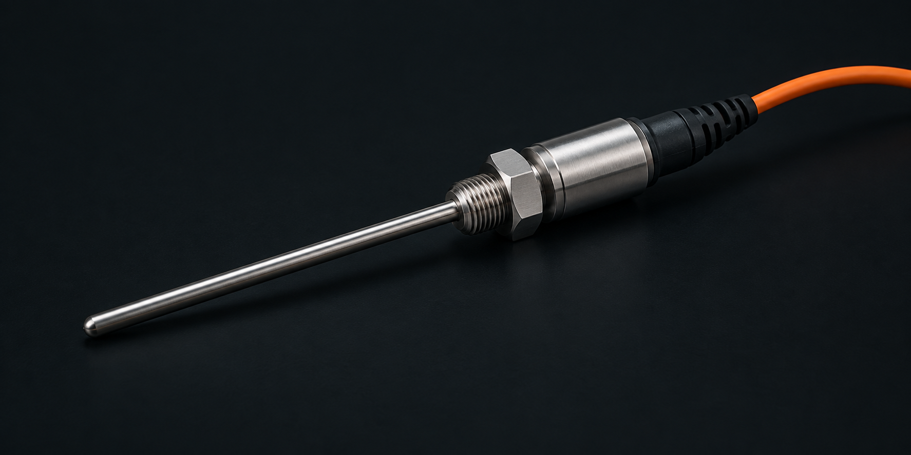 Stainless-steel industrial temperature probe with threaded process connection and cable