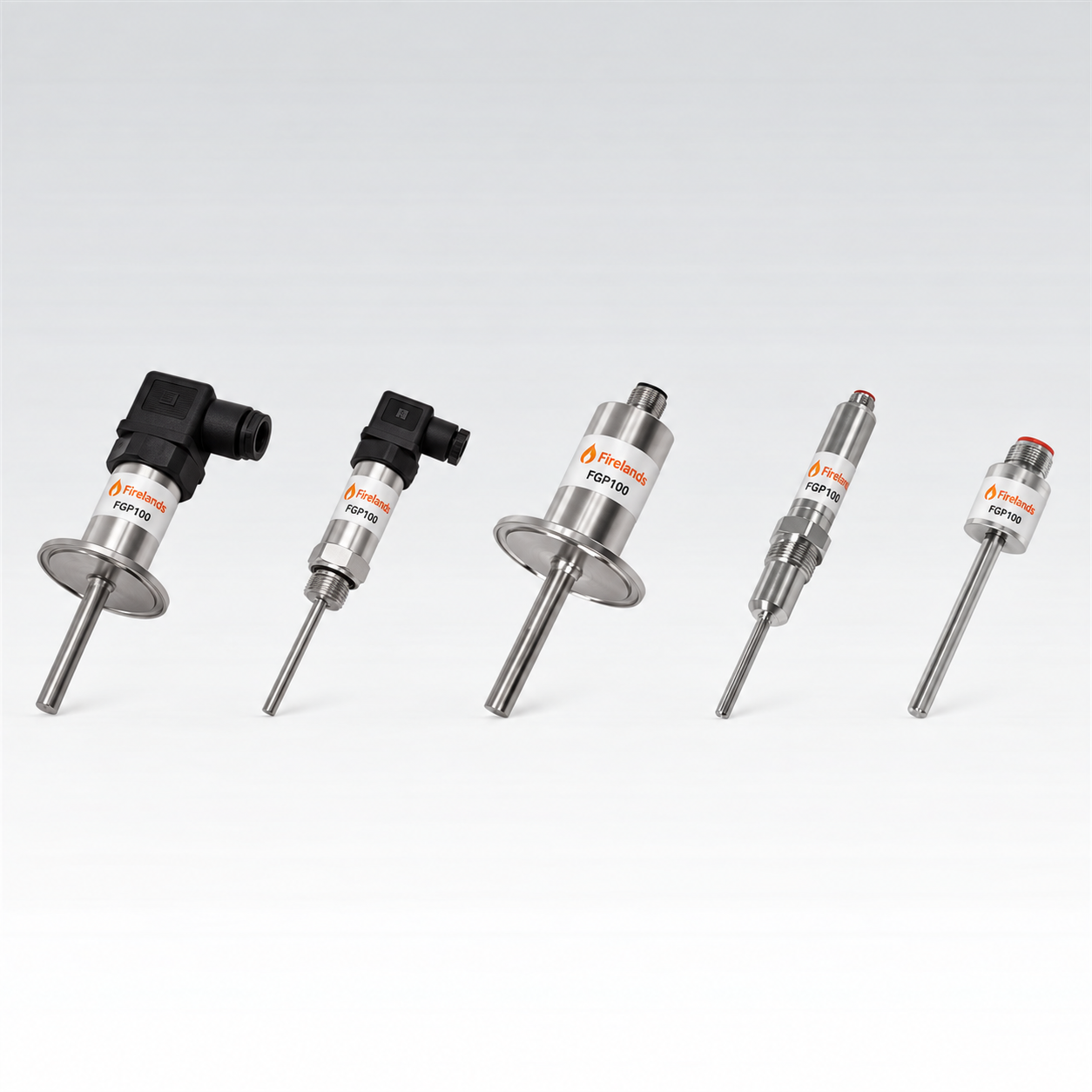 Firelands FGP100 temperature transmitter family with threaded, sanitary, and compact probe configurations