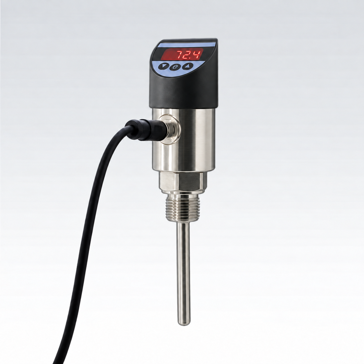 Firelands FGP301 smart digital temperature switch with local LED display, cable connection, threaded fitting, and stainless probe